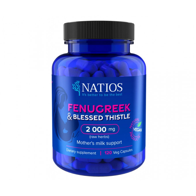 Natios Fenugreek & Blessed Thistle Extract, Pískavica & Benedikt, 2000 mg, 120 veg. kapsúl